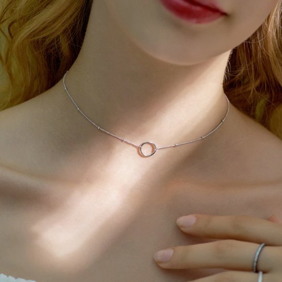 925 Sterling Silver Circle Ring Choker Necklace - Picture 7 of 16
